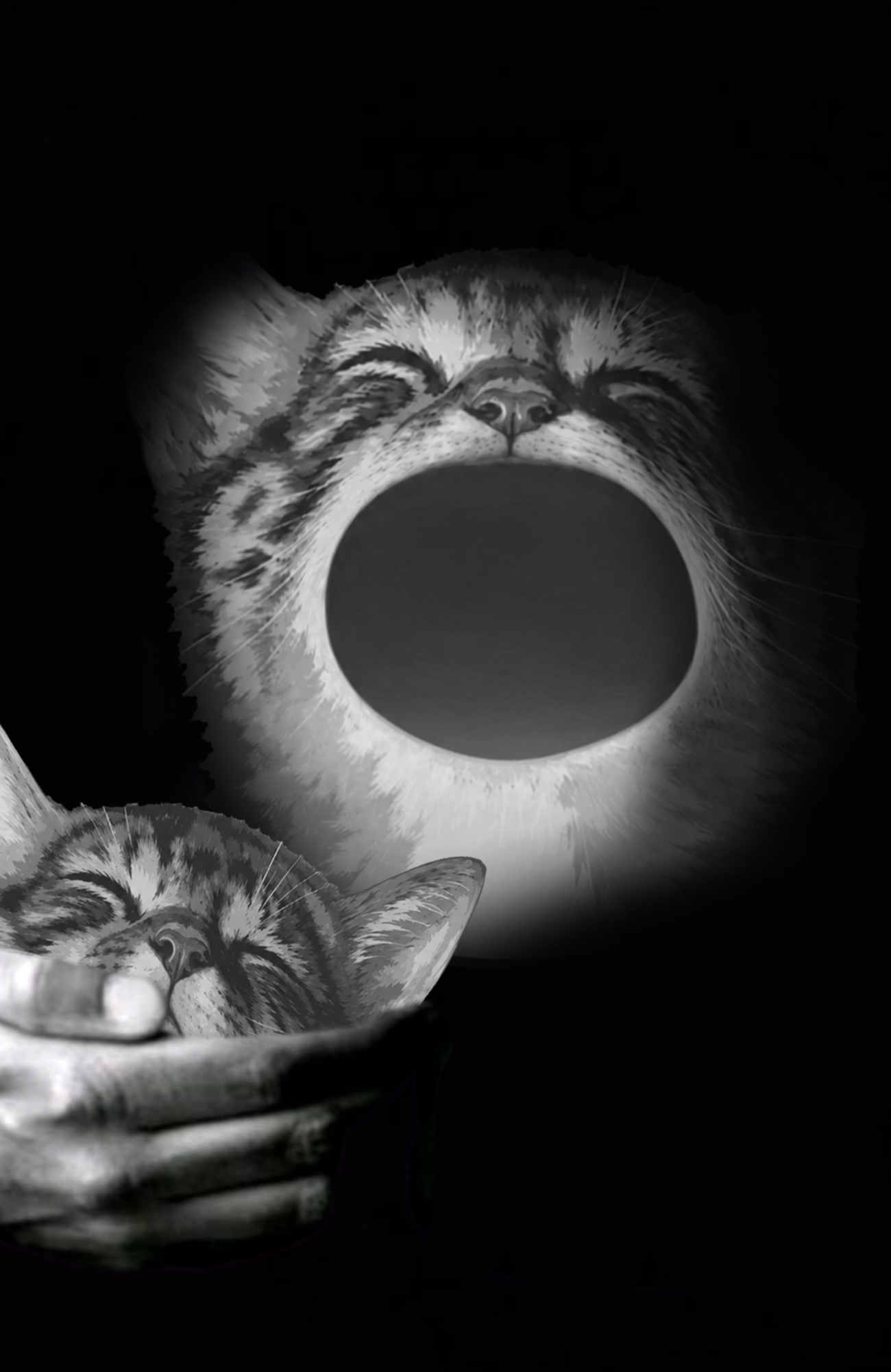 POPCATE in the dark, mouth wide open, lit like a horror poster