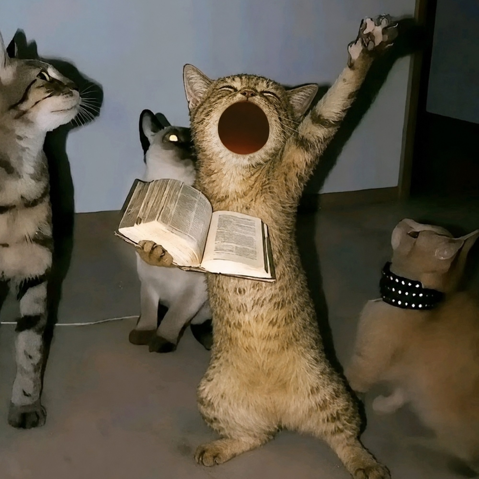 POPCATE standing on two legs holding an open book like a preacher